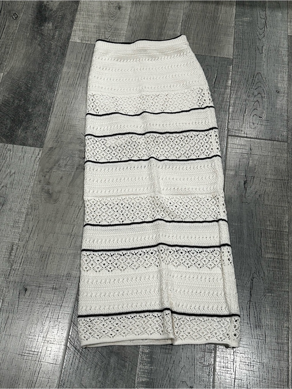 Abercrombie & Fitch White Crochet Midi Skirt with Black Stripes